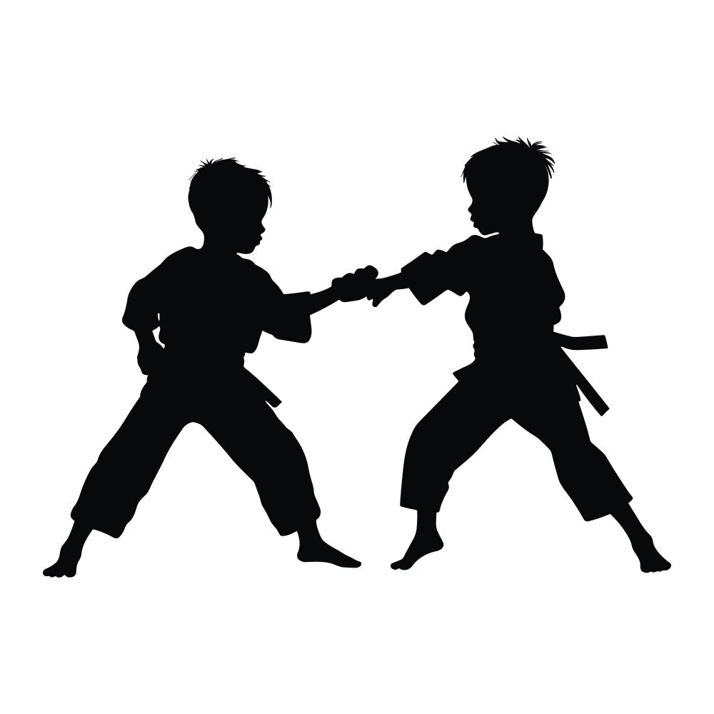 martial arts, karate, taekwondo, children, boys, sports, silhouette, black, action, dynamic, fighting, combat, discipline, uniforms, belts, training, active kids, youth, monochrome, contrast, athletic, strong, powerful, traditional, modern, educational, instructional, adventure, energetic
