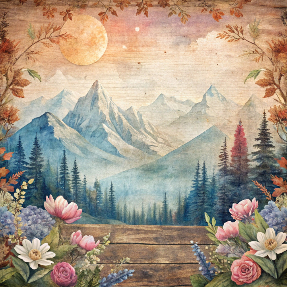 mountain landscape, autumn foliage, watercolor style, fabric panel, quilting cotton, pine trees, snow-capped peaks, golden moon, floral border, pink roses, white daisies, wooden planks, blue mountains, orange leaves, nature scene, rustic charm, fall colors, evergreen forest, scenic vista, botanical elements