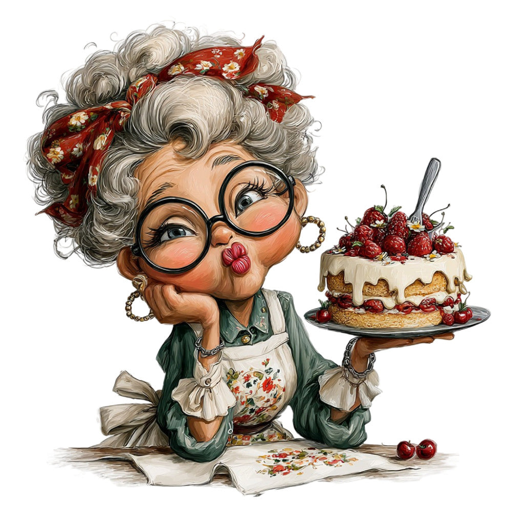 vintage grandmother, whimsical, folk art, cherries, raspberries, floral print, red berries, cream white, forest green, gray hair, glasses, apron, kitchen theme, farmhouse, traditional, nostalgic, retro character, baking, dessert, cake, sweet treats, cottage core, botanical, heart motif, country style, cheerful, charming, decorative panel
