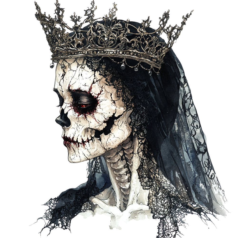 skull, skeleton, gothic, black, cream, ivory, dark academia, victorian, elegant, ornate, crown, tiara, lace, veil, memorial, mortality, dark aesthetic, halloween, spooky, macabre, day of the dead, traditional, vintage, dramatic, theatrical, bone, death, intricate details, decorative crown