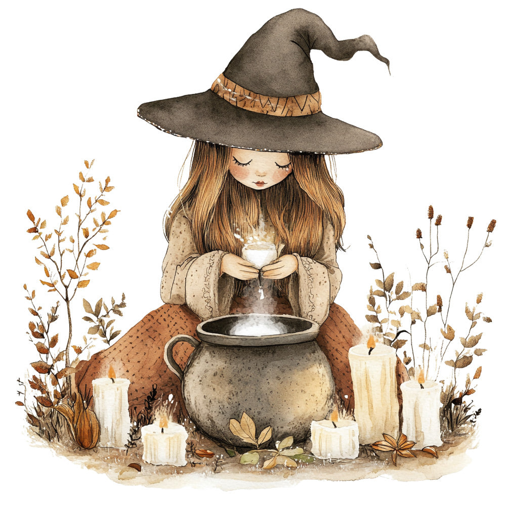 watercolor illustration, witch character, pointed hat, cauldron brewing, autumn colors, brown tones, beige shades, candles flickering, dried botanicals, magical scene, fabric panel, quilting cotton, whimsical art, halloween theme, potion making, cozy witch, earth tones, botanical elements, mystical mood, seasonal design