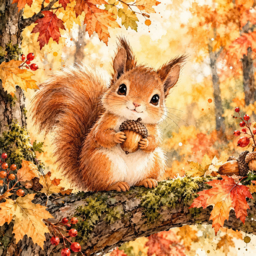 autumn, fall, squirrel, woodland, forest, nature, animals, wildlife, acorn, leaves, maple leaves, orange, rust, golden yellow, cream, red berries, whimsical, cute, charming, rustic, seasonal, autumn leaves, harvest, cozy, children's, baby, storybook, illustrated, watercolor, natural