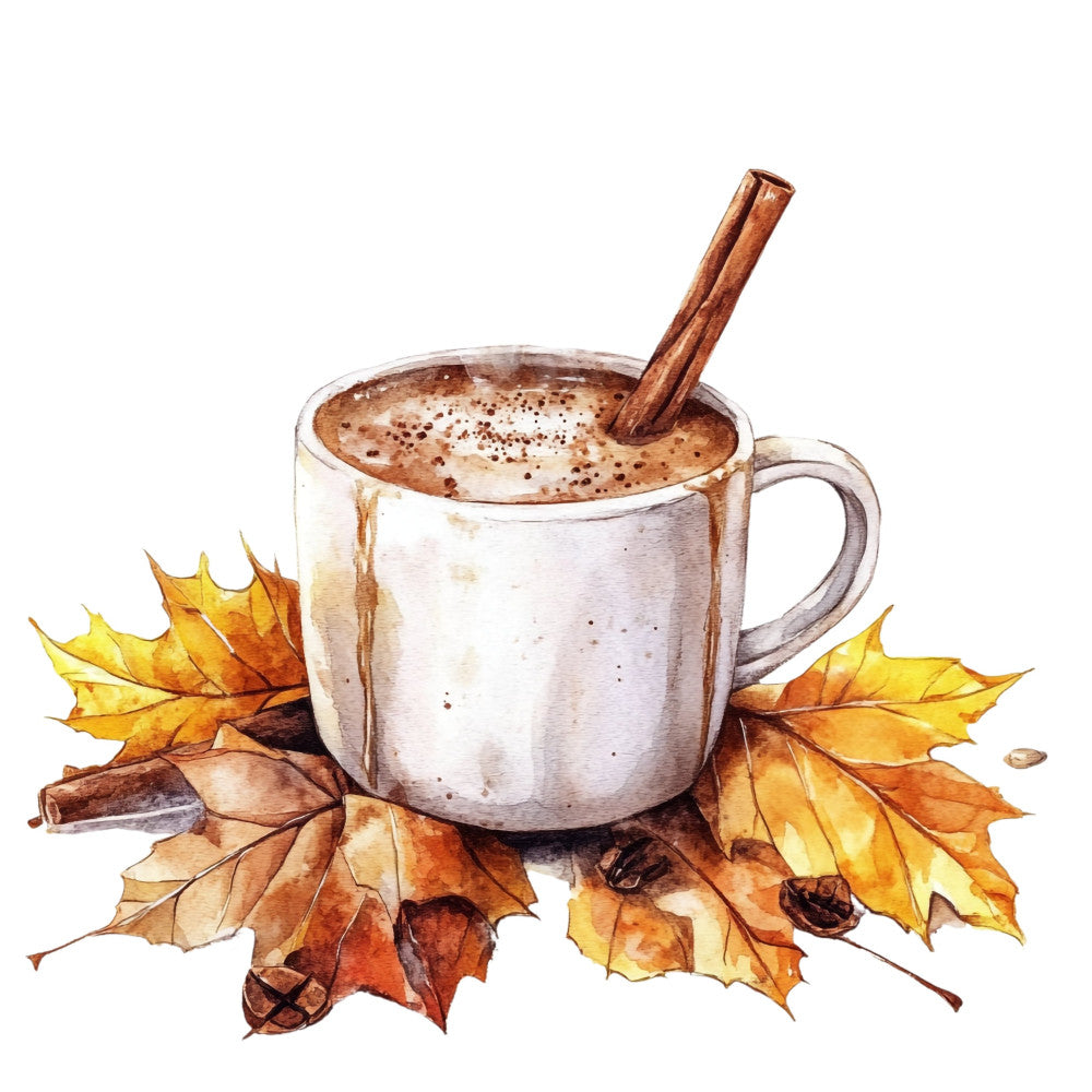 autumn, fall, cinnamon, cream, beige, tan, brown, warm tones, leaves, maple leaves, oak leaves, acorns, cinnamon sticks, spiced beverage, hot chocolate, coffee mug, cozy, seasonal, harvest, rustic, warm, nature, botanical, beverage themed, table runner, home decor, autumn aesthetic, fall colors, golden yellow, burnt orange