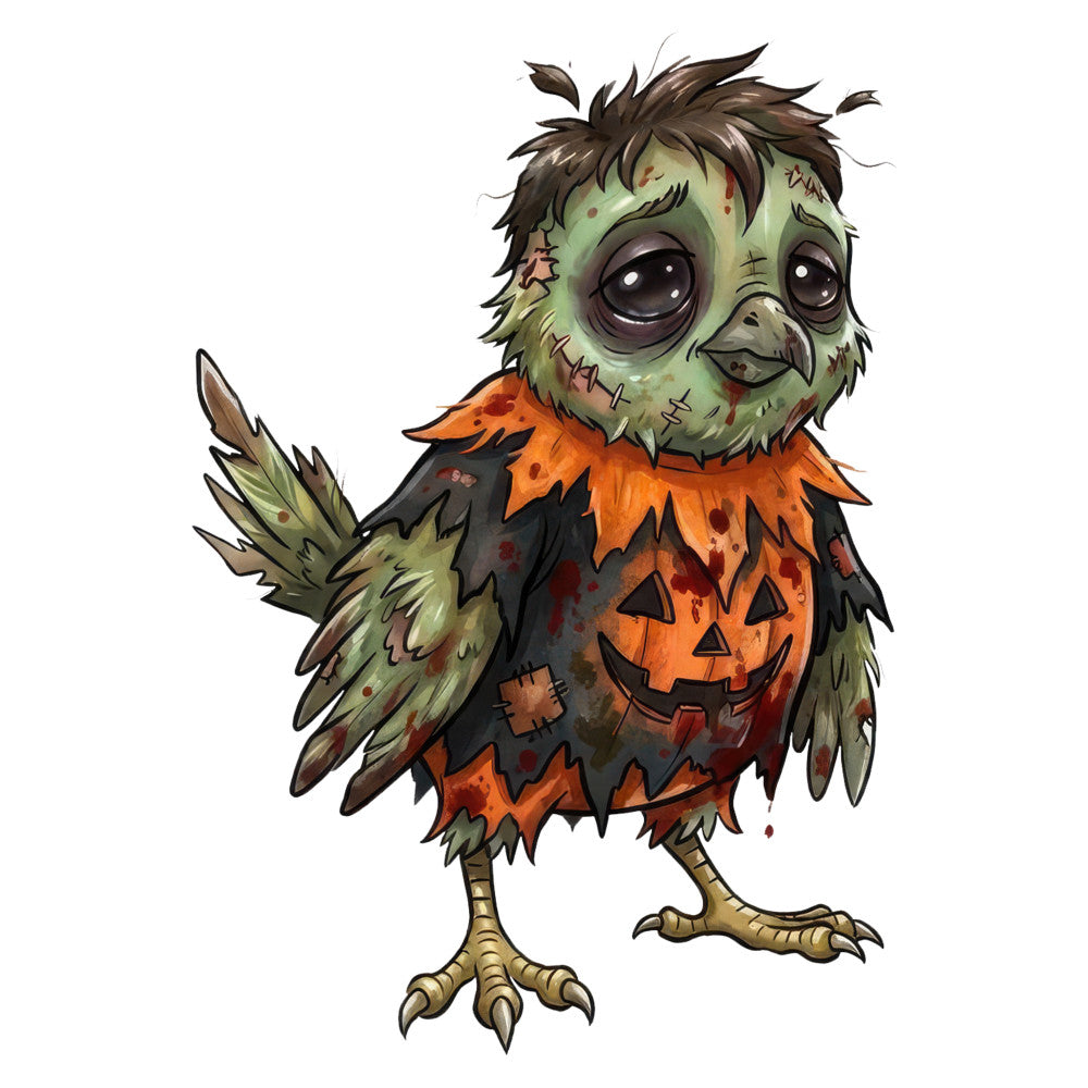 halloween owl, zombie owl, cute monster, spooky, orange pumpkin, jack-o-lantern, green zombie, stitched face, autumn, fall, halloween costume, whimsical, creepy cute, kids halloween, charcoal black, burnt orange, sage green, moss green, brown, tan, animal character, bird, holiday theme, festive, playful, trick-or-treat, decorative panel, wall hanging, quilting cotton, children's fabric