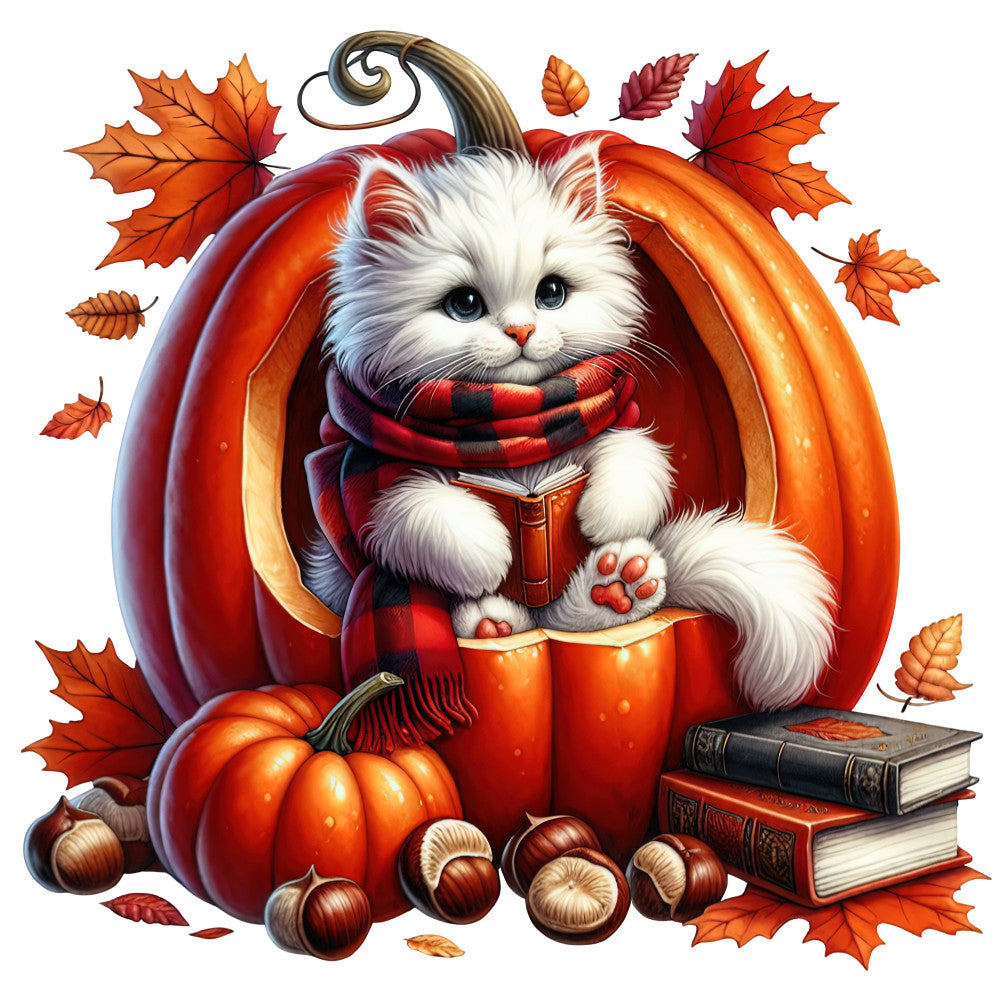 autumn cat, fall pumpkin, cozy reading, white fluffy cat, orange pumpkin, red and black plaid, burgundy, burnt orange, cream white, autumn leaves, maple leaves, acorns, chestnuts, book lover, literary, whimsical, cozy aesthetic, fall season, thanksgiving, pumpkin spice, seasonal, warm tones, rustic autumn, harvest theme, cottage core, flannel scarf, woodland animals, nature themed, children's illustration, storybook style