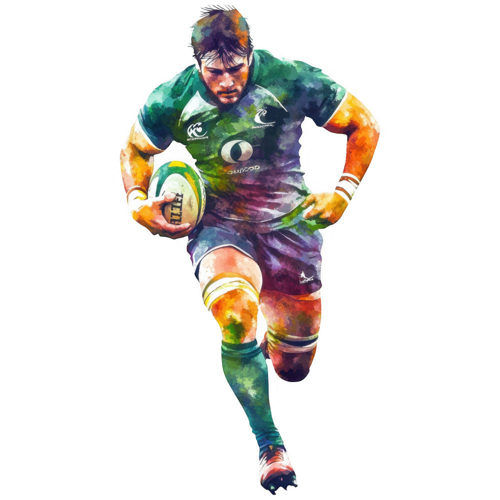 rugby player, sports, watercolor, abstract, colorful, vibrant, multi-color, emerald green, orange, purple, blue, yellow, artistic, modern, dynamic, action pose, athletic, men's sports, team sports, painted effect, ink wash, contemporary style, mascul