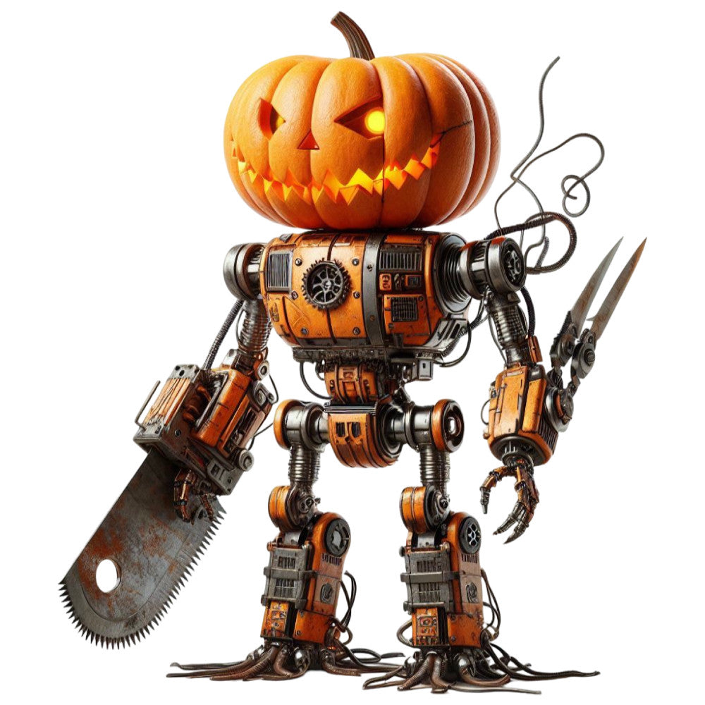 steampunk, halloween, pumpkin, robot, mechanical, orange, rust orange, burnt orange, black, metallic, jack-o-lantern, vintage, industrial, gears, brass, copper tone, whimsical, autumn, fall, holiday, monster, creepy, decorative, novelty, character panel, spooky season, retro futuristic, gear-driven, chainsaw, weapons