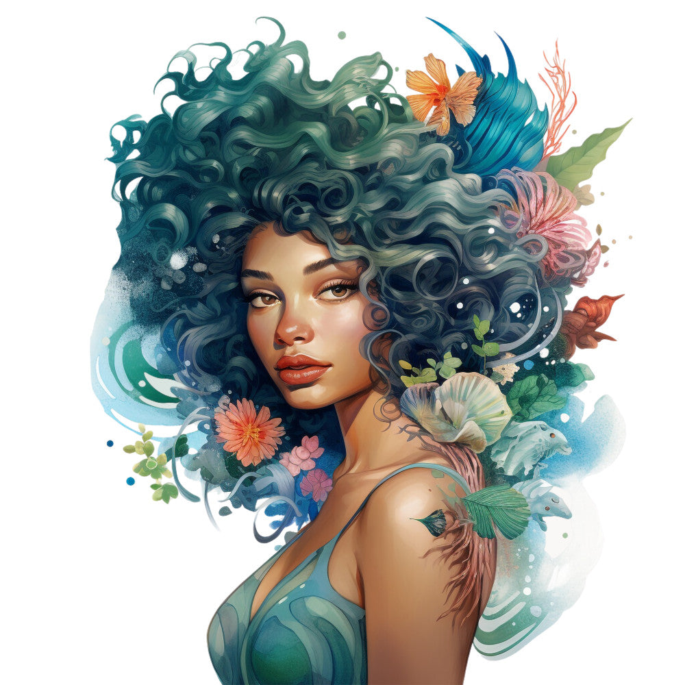 mermaid, ocean fantasy, teal hair, flowing curls, sea flowers, coral pink, turquoise blue, emerald green, watercolor style, marine life, fantasy portrait, fabric panel, quilting cotton, underwater theme, sea goddess, floral elements, whimsical art, digital print, ocean waves, magical creature