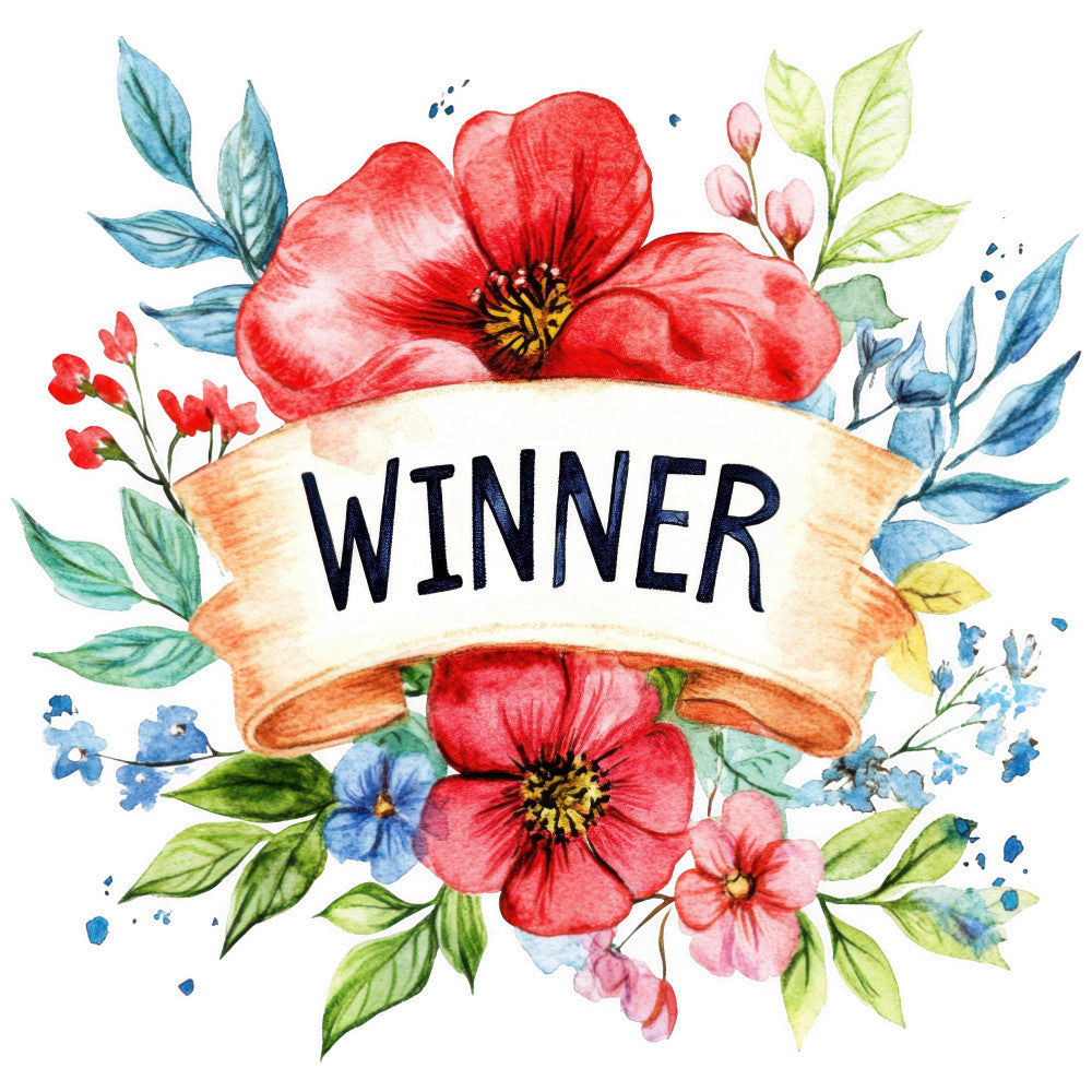 watercolor, floral, red flowers, blue leaves, green foliage, winner banner, ribbon banner, botanical, spring flowers, coral pink, teal blue, lime green, fabric panel, quilting cotton, watercolor style, blooming flowers, nature motif, craft panel, sewing project, floral wreath