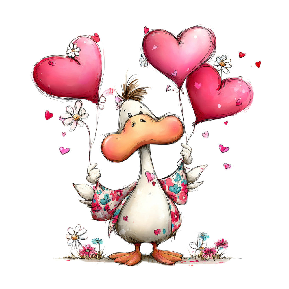 hot pink, coral, cream, white, floral, hearts, love, whimsical, cute animals, duck, bird, daisy, flowers, spring, valentine's day, romantic, playful, cheerful, children's, baby, nursery, decorative, love theme, small hearts, scattered florals, sweet, gentle, innocent, springtime