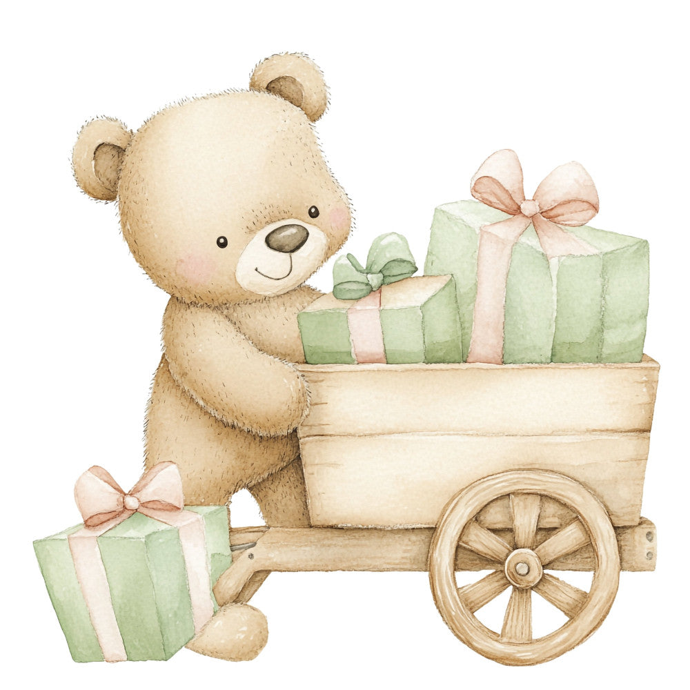 teddy bear, cute animals, nursery, baby shower, gift wagon, wooden cart, sage green, pale pink, cream, soft colors, whimsical, sweet, vintage, storybook, children's, gifts, bows, ribbons, gentle, pastel, charming, illustration, picture book style, baby quilt, wall art, nature inspired, springtime, soft aesthetic, adorable