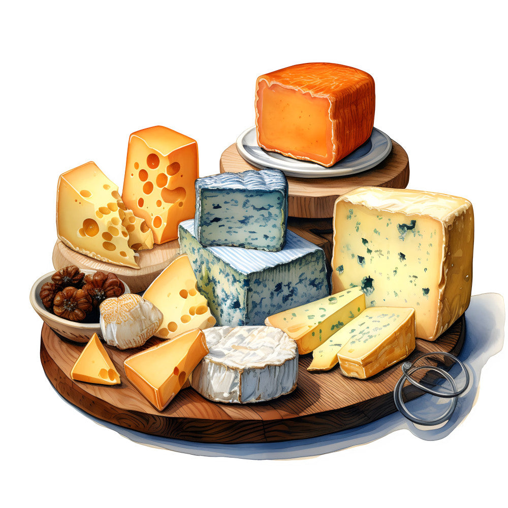 cheese, food, gourmet, artisan, orange, yellow, cream, white, blue, mold, aged, delicatessen, kitchen, culinary, farmhouse, rustic, vintage, cheese board, charcuterie, gourmand, epicurean, deli, market, food illustration, realistic, detailed, gourmet food, culinary art, food themed, kitchen decor