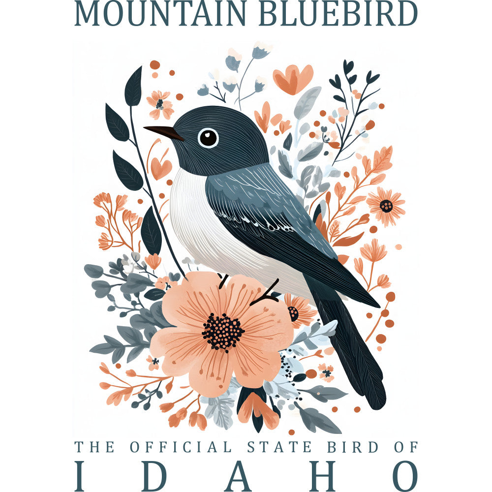 mountain bluebird, idaho state bird, coral pink flowers, teal blue, navy blue, sage green, botanical illustration, floral arrangement, bird panel, quilting fabric, cotton panel, nature theme, wildflowers, folk art style, whimsical design, decorative branches, peach blossoms, dusty blue, cream white, fabric crafting