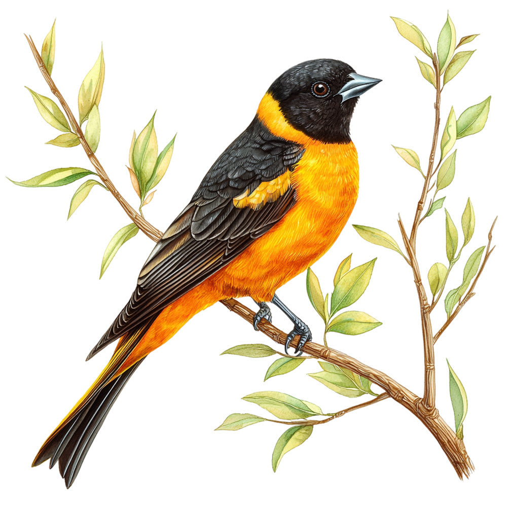 baltimore oriole, bird illustration, orange plumage, black feathers, botanical branches, green leaves, nature motif, wildlife art, songbird design, fabric panel, quilting cotton, spring theme, ornithology print, detailed illustration, vibrant orange, charcoal black, sage green, brown branches, perched bird, naturalist style