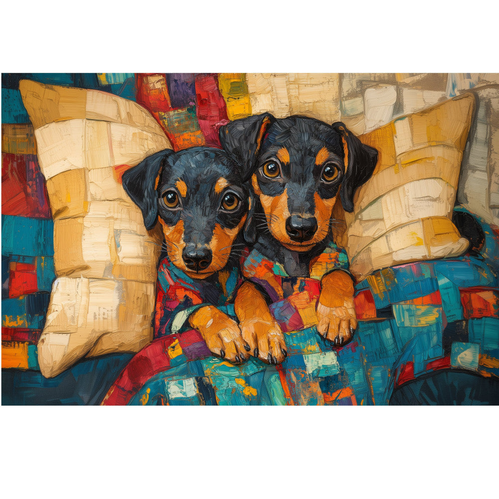 dogs, dachshunds, black and tan, orange, cream, teal, red, blue, colorful, patchwork, geometric, abstract, whimsical, modern, playful, home decor, wall art, pet lovers, animal themed, vibrant, multi-color, cozy, cheerful, contemporary, artistic, bold colors, pet portraits, puppy, cute animals