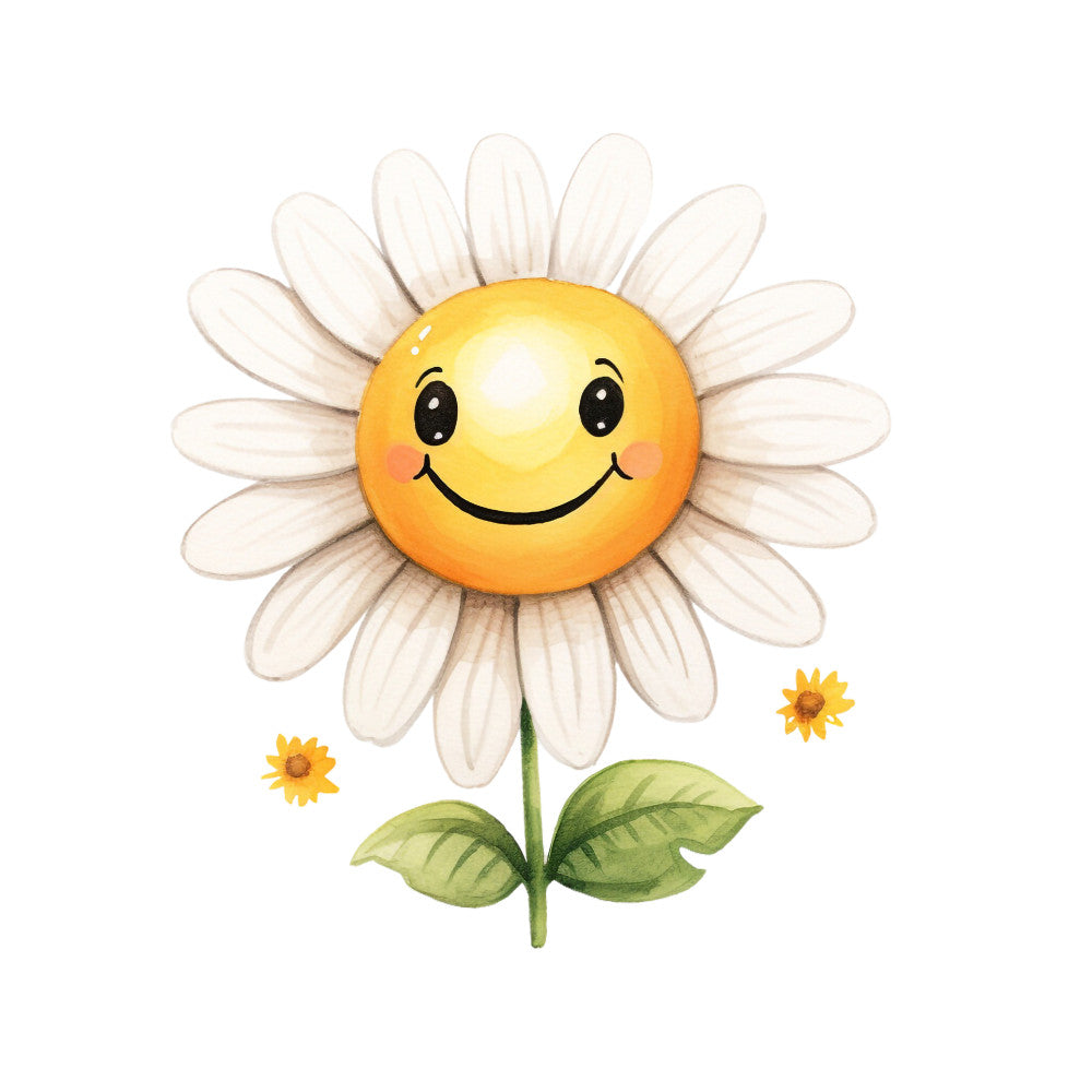 smiling daisy, happy flower, white petals, yellow center, orange gradient, green leaves, cheerful face, cartoon style, whimsical design, fabric panel, quilting cotton, spring theme, children's fabric, cute character, floral motif, bright colors, playful illustration, watercolor style, nursery fabric, joyful expression