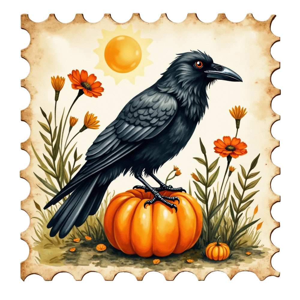 Halloween Postage Stamps Fabric Panel 10 featuring a detailed raven perched on a bright orange pumpkin with fall flowers.