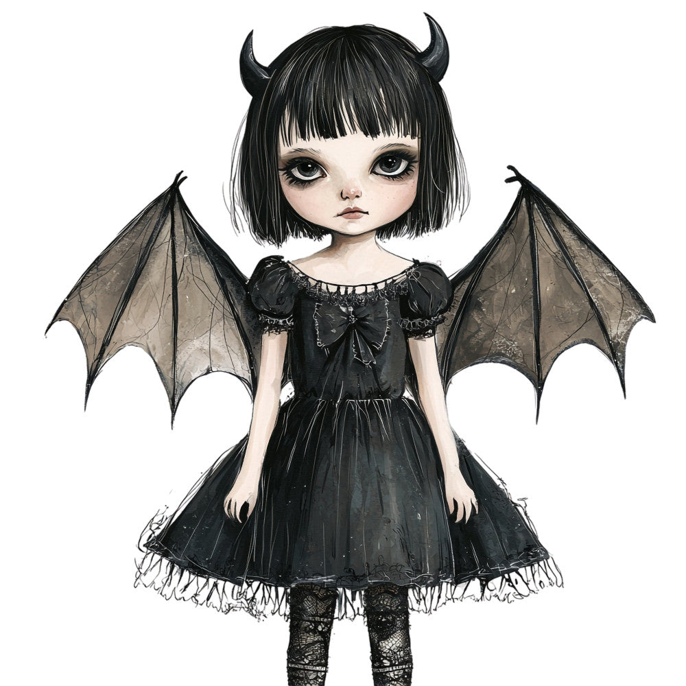 black, white, gothic, dark fantasy, demon girl, horns, bat wings, pale skin, big eyes, doll face, whimsical, cute dark, alternative, punk, goth aesthetic, tulle dress, lace details, bow accent, black hair, bangs, Halloween, spooky, witchy, dark fairy tale, character panel, illustration, art print, children's fabric, dark whimsy, creepy cute
