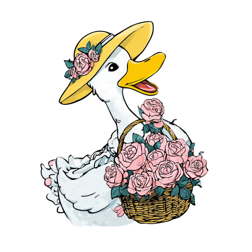 yellow hat, white duck, dusty rose, pink roses, floral, whimsical, animal, bird, spring, summer, elegant, vintage, cottage core, garden theme, basket, flowers, nature, decorative, charming, romantic, country, pastoral, feminine, illustration style, storybook, children's, nursery, botanical, blossoms, teal leaves