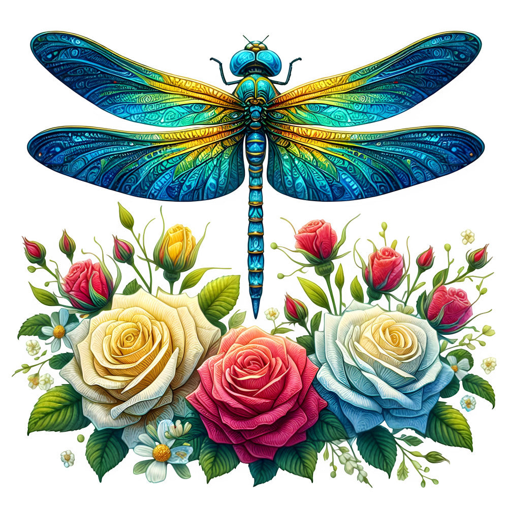 dragonfly, turquoise, gold, cream, coral pink, crimson red, blue, floral, nature, botanical, roses, insects, wings, elegant, whimsical, bohemian, artistic, decorative, spring, summer, garden, fantasy, ornate, detailed, vintage, romantic, delicate, yellow roses, blue roses, small flowers