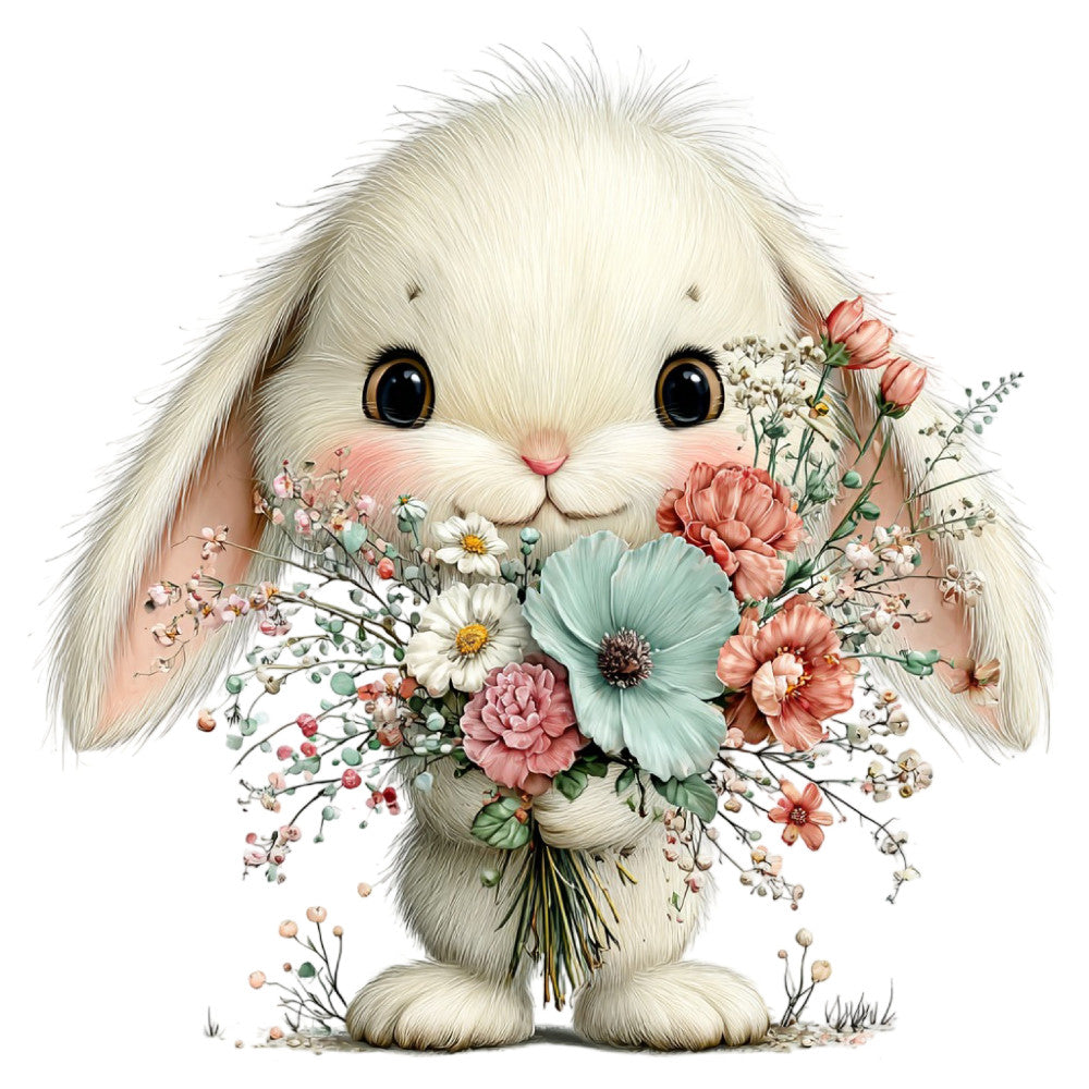white bunny, cream rabbit, pastel flowers, coral pink, sage green, soft blue, baby blue, floral bouquet, daisy, carnation, spring, whimsical, cute animal, baby quilt, nursery, children's fabric, gentle, sweet, feminine, nature themed, botanical, flower arrangement, easter, springtime, soft pastels, adorable, playful, bunny theme, garden flowers, delicate petals