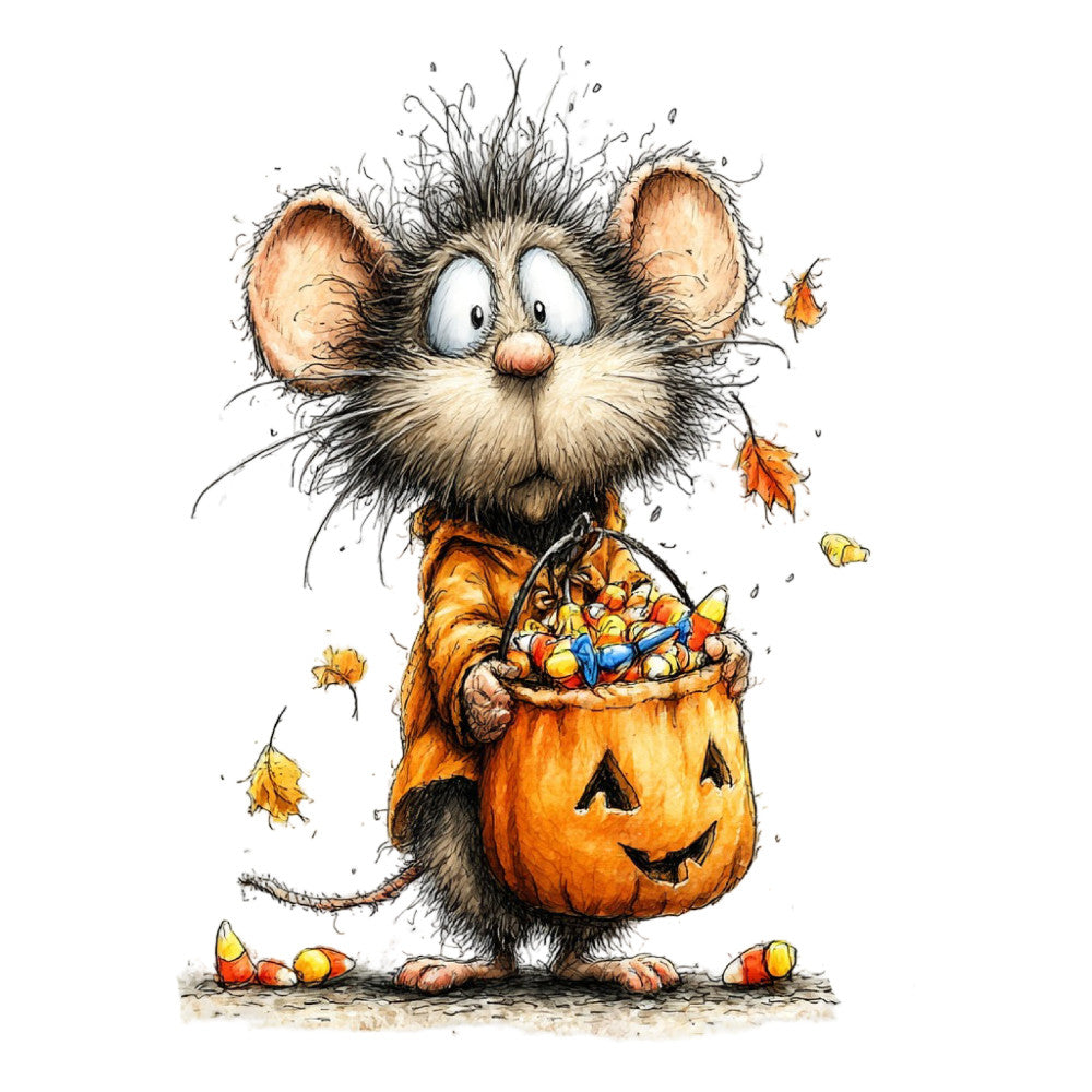 halloween, autumn, fall, mouse, rat, rodent, cute animals, whimsical, trick or treat, candy corn, pumpkin, jack-o-lantern, orange, black, cream, tan, burnt orange, woodland, playful, children's, festive, seasonal, spooky, leaves, falling leaves, candy bucket, novelty, illustration style, detailed, charming