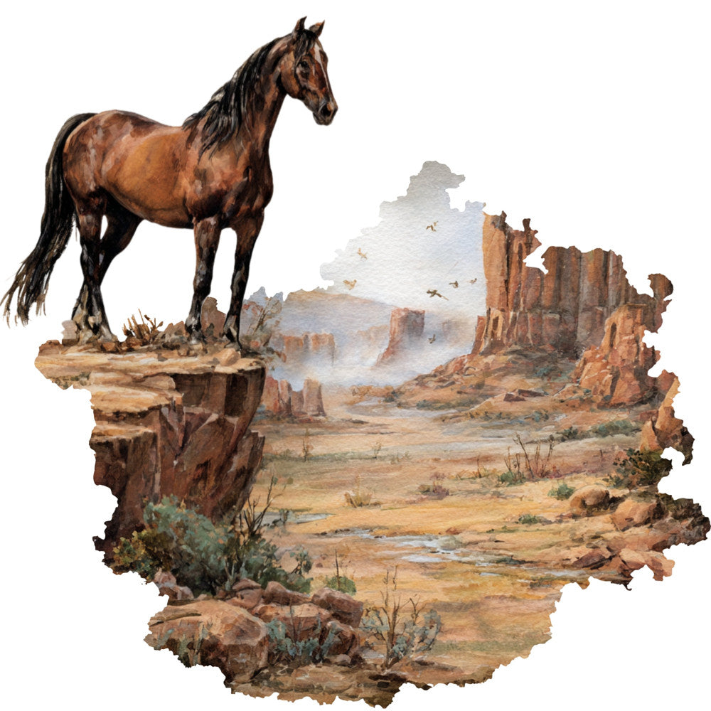 horse, western, desert, landscape, scenic, brown, tan, rust, terracotta, bronze, sage green, cream, beige, animal, nature, rustic, southwestern, wild west, cliff, mesa, monument valley, cowboy, equestrian, arid, dust storm, birds, wall hanging, home decor, large scale print, dramatic