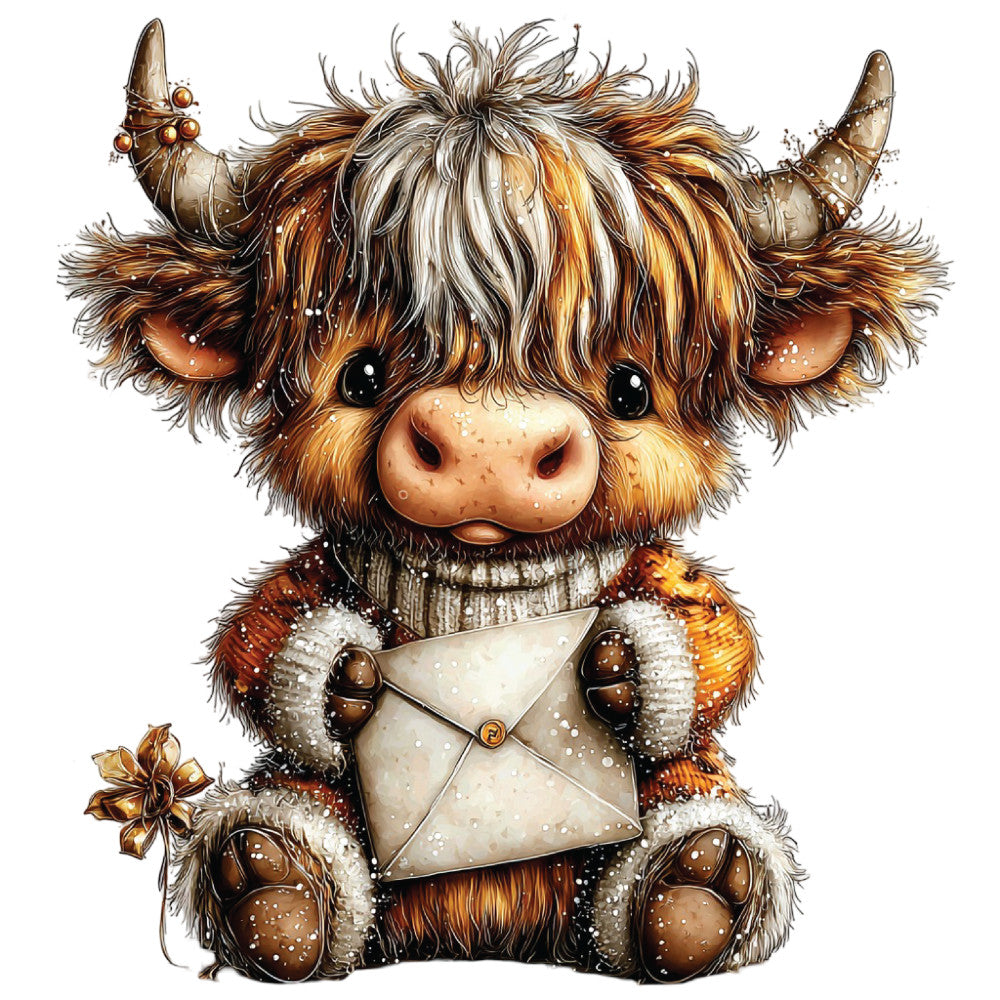 christmas highland cow, winter scene, brown fur, cream colored, orange accents, black eyes, horns, fluffy hair, knit sweater, envelope holding, snowflakes, cute cartoon style, whimsical illustration, fabric panel, quilting cotton, holiday themed, adorable animal, sitting pose, detailed artwork, festive character