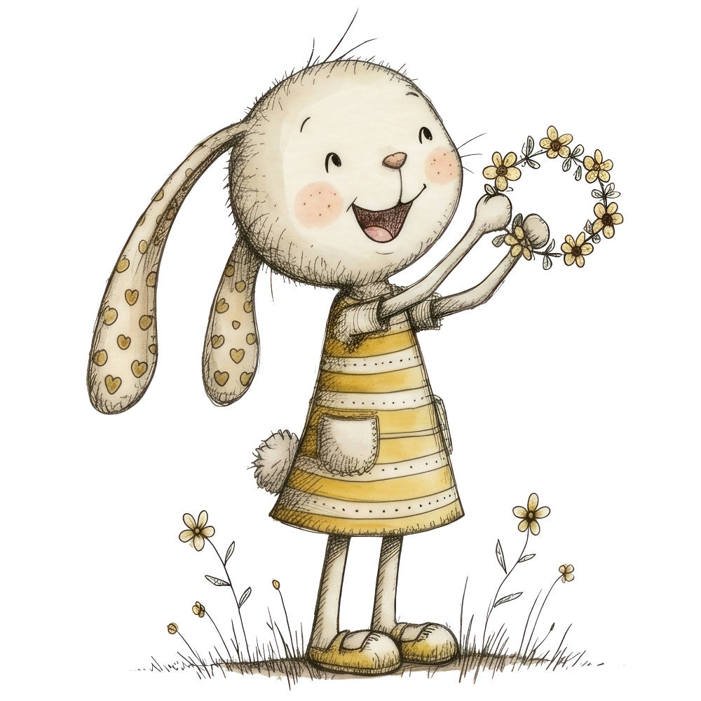 cream, tan, gold, yellow, hearts, flowers, bunny, rabbit, whimsical, cute, children's, baby, spring, nature, animals, cheerful, smiling, dress, striped, illustrated, storybook, woodland, playful, gentle, soft, girl, nursery, decorative, happy, daisy flowers