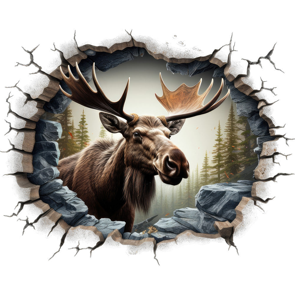 moose, antlers, breaking through, cracked wall, trompe l'oeil, brown, tan, forest green, evergreen trees, rocks, stones, wildlife, nature scene, realistic art, fabric panel, quilting cotton, outdoors, wilderness, majestic animal, three dimensional effect, detailed illustration