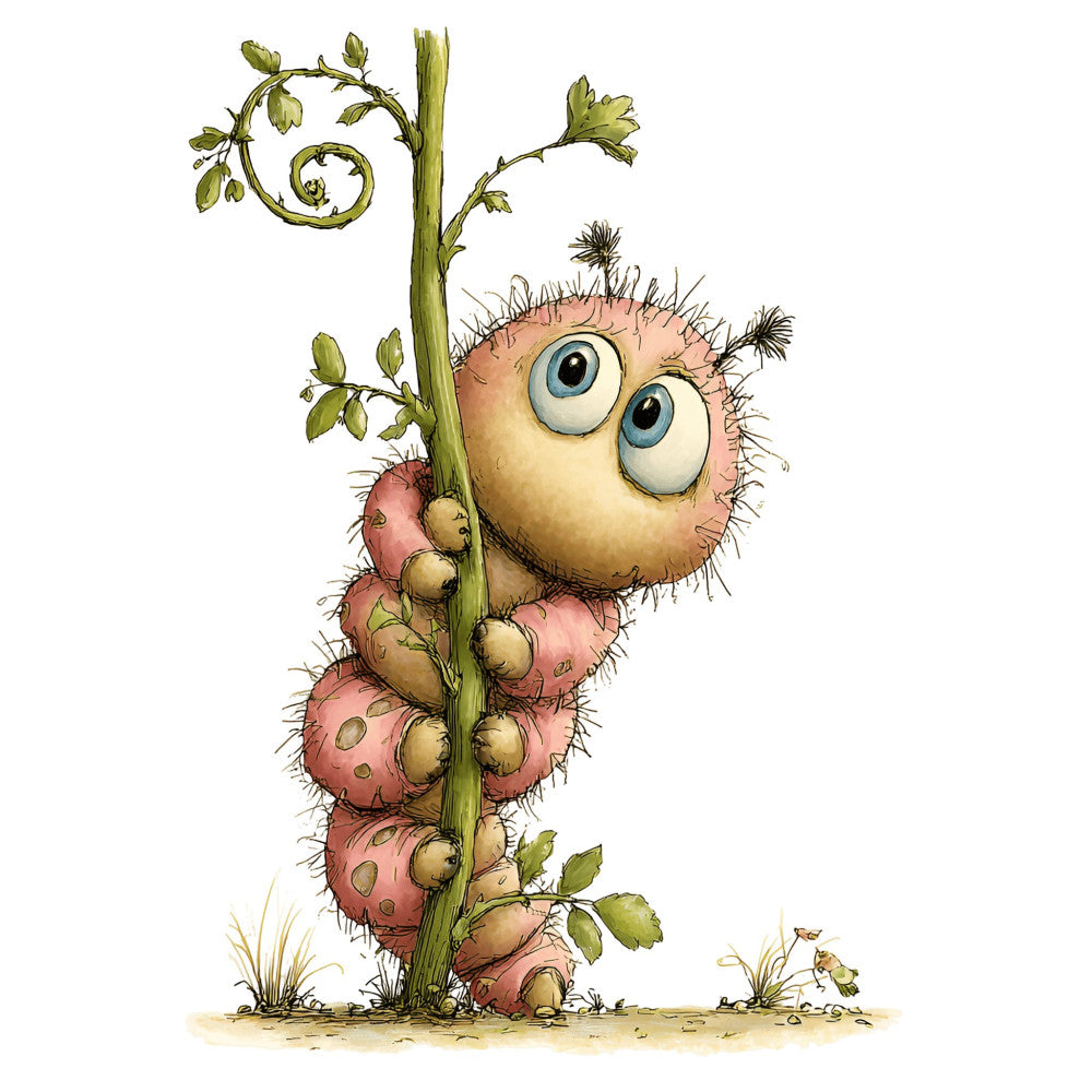 whimsical, cute creature, nature, spring, children's, illustrated, caterpillar, vine, leafy green, sage green, cream, beige, tan, coral pink, dusty rose, storybook, garden, playful, children's panel, baby quilt, nursery, fantasy, woodland, character, botanical, quirky, charming, soft colors, detailed illustration