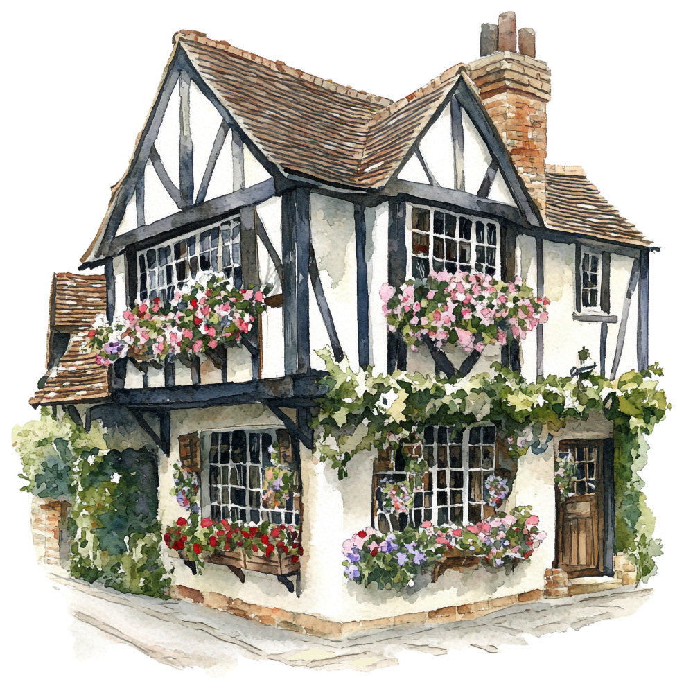 watercolor style, tudor architecture, half-timbered house, fabric panel, english cottage, flower boxes, pink geraniums, red flowers, purple blooms, white walls, dark timber beams, clay roof tiles, diamond-paned windows, ivy covered walls, quaint village scene, pastoral design, garden cottage, british countryside, quilting cotton, architectural illustration