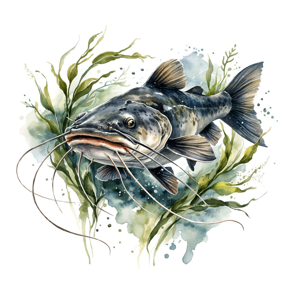 catfish, aquatic animals, watercolor, nature, underwater, fish, whiskers, botanical, aquatic plants, seaweed, water lilies, sage green, forest green, charcoal gray, navy blue, tan, neutral, whimsical, artistic, painted effect, splatter, watercolor art, freshwater fish, pond life, rustic, naturalistic, animal illustration, detailed, elegant