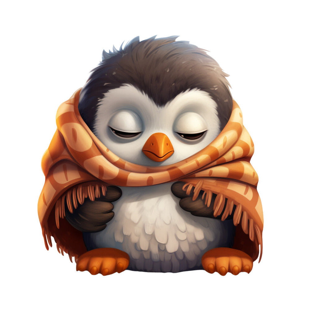 penguin, baby animal, orange scarf, brown hair, white belly, gray feathers, sleepy eyes, cozy, winter wear, adorable character, fabric panel, quilting cotton, children's design, cute illustration, soft colors, orange feet, knitted scarf, drowsy expression, plump penguin, nursery fabric