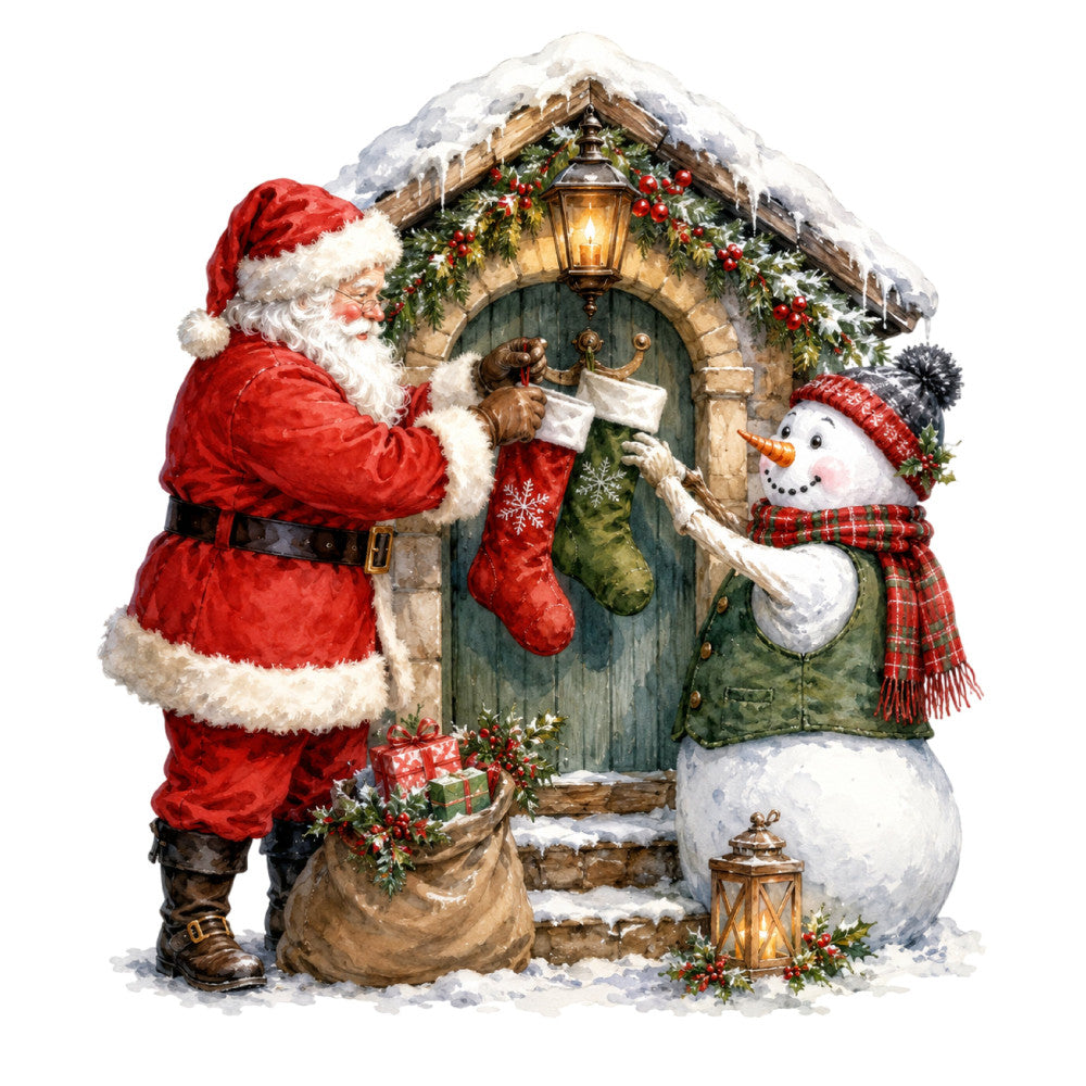 santa, christmas, holiday, snowman, winter, red, cream, forest green, gold, burgundy, festive, whimsical, traditional, nostalgic, vintage, cottage core, rustic, door, wreath, stockings, snow, lantern, decorative, seasonal, charm, timeless, heartwarming, jolly, merry christmas, wall hanging