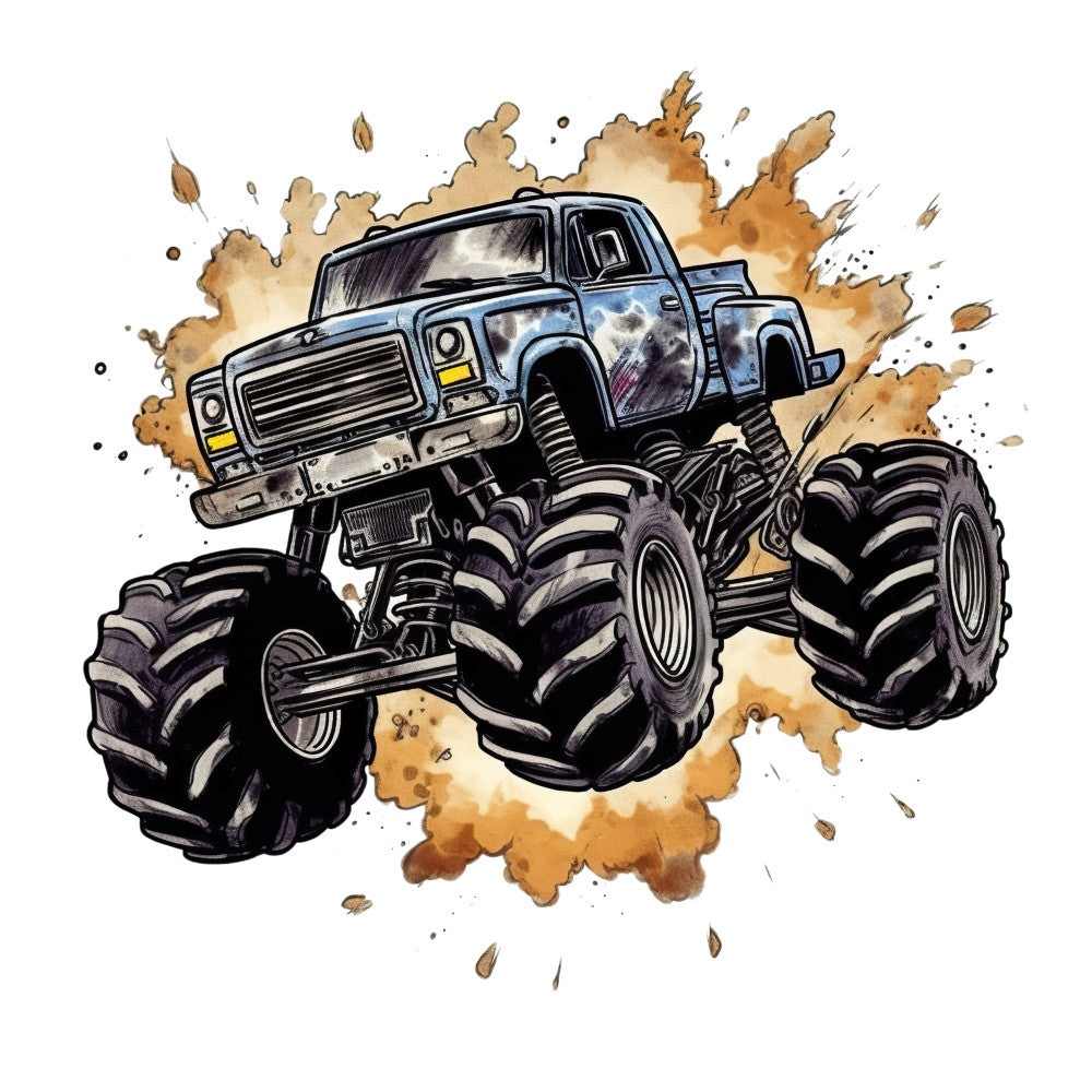 Monster Truck Crushes Fabric Panel 7 shows a detailed monster truck with large tires kicking up dirt in action-packed artwork.