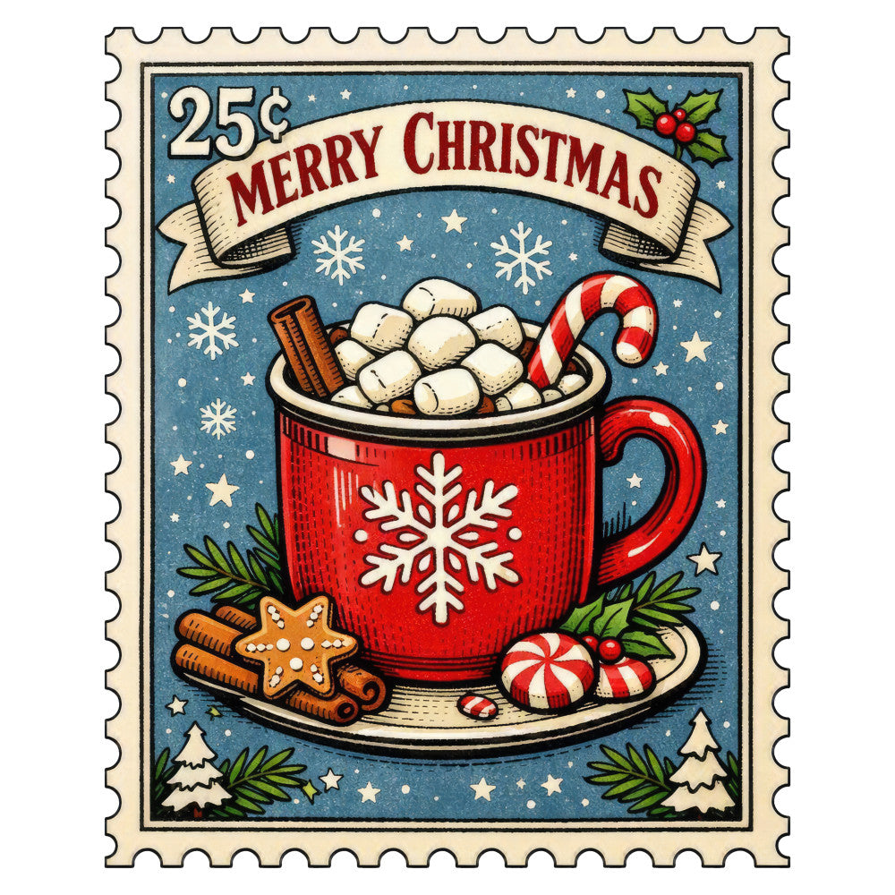 merry christmas, hot chocolate, marshmallows, candy cane, gingerbread, cinnamon sticks, red mug, snowflake, winter, holiday, vintage, retro, nostalgic, whimsical, festive, cream, red, blue, star, evergreen, pine branches, holly berries, snow, traditional, classic, christmas decor, wall hanging, seasonal, cozy