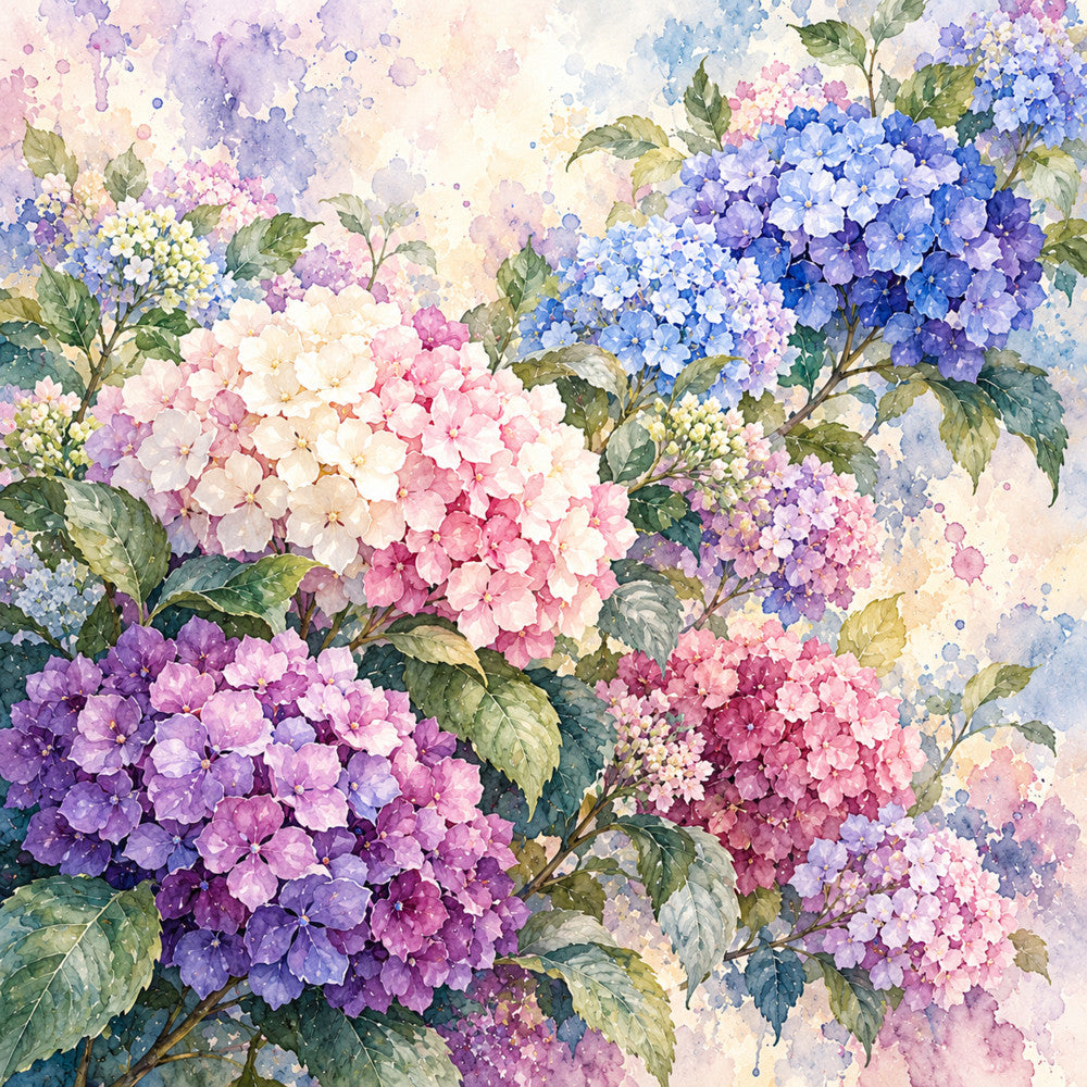hydrangea, floral, pink, purple, blue, lavender, periwinkle, cream, pale yellow, botanical, watercolor, elegant, romantic, cottage garden, spring, summer, nature, flowers, blossoms, soft colors, pastel, vintage botanical, delicate, whimsical, garden flowers, clustered blooms, multi-colored florals, dreamy, feminine, traditional
