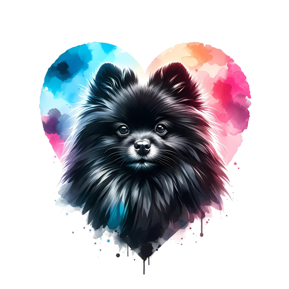 watercolor dog, black pomeranian, pet portrait, animal art, heart shaped, colorful watercolor, blue watercolor, pink watercolor, coral orange, magenta pink, whimsical, modern art, abstract splatter, dog lover, pet themed, animal portrait, colorful splash, gradient watercolor, contemporary style, artistic design, vibrant colors, ink splatter, dog breed, cute puppy, decorative art, home decor, wall art, artistic animal, mixed media style