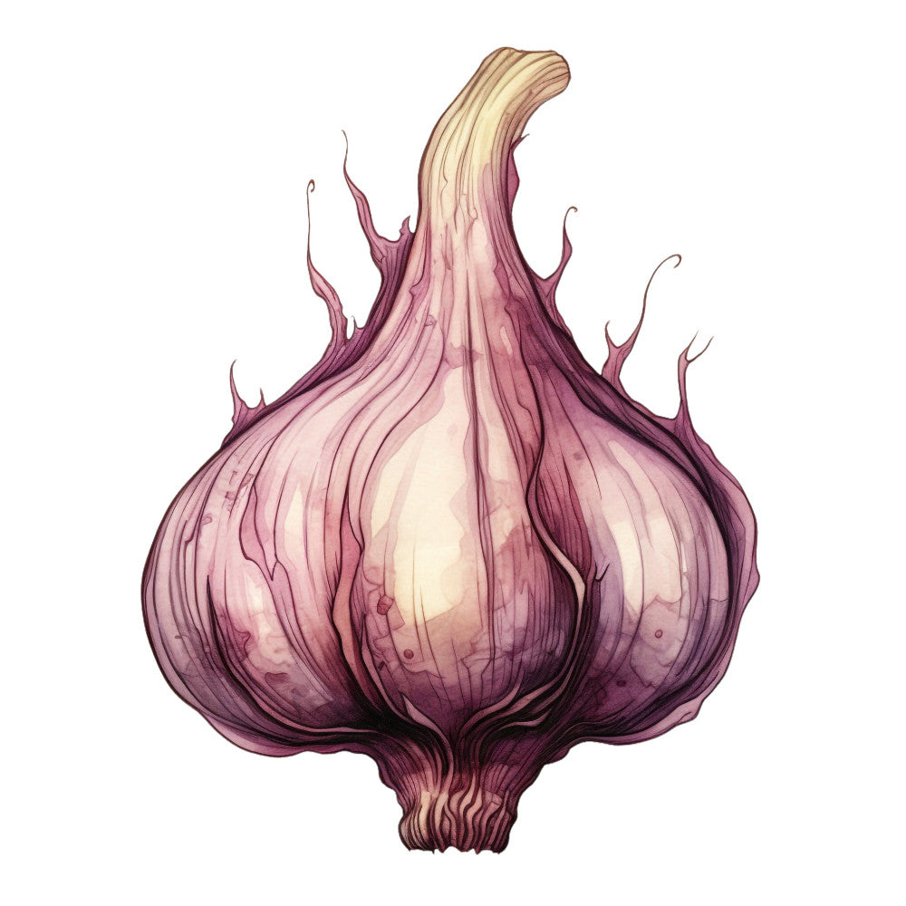 garlic, onion, vegetable, produce, mauve, dusty rose, purple, deep purple, plum, cream, pale pink, botanical, realistic, detailed illustration, kitchen, cooking, farmhouse, rustic, elegant, whimsical, food, culinary, garden, natural, organic, autumn, harvest, gourmet, culinary theme, still life