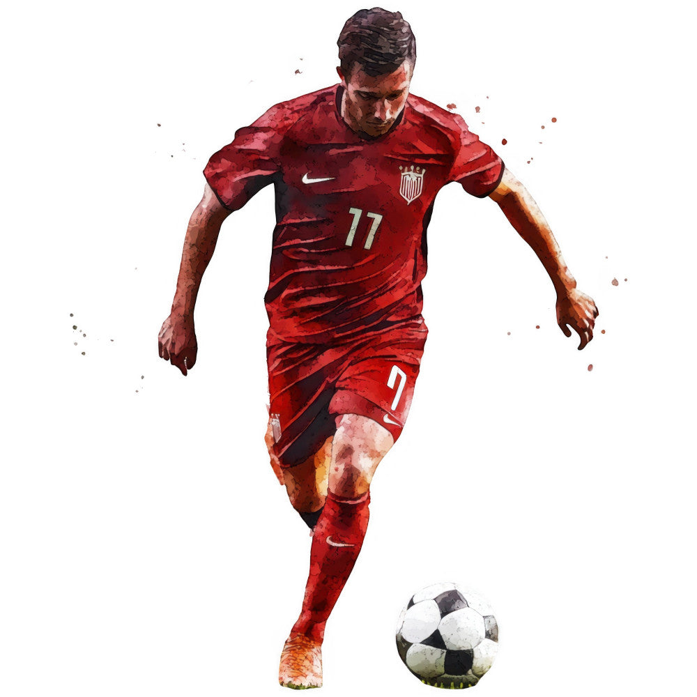 red, crimson, burgundy, white, black, sports, soccer, football, athlete, male figure, watercolor, abstract, splatter, paint effect, dynamic, action, modern, contemporary, geometric, USA, patriotic, team sports, athletic wear, youth, energetic, vibrant, portrait
