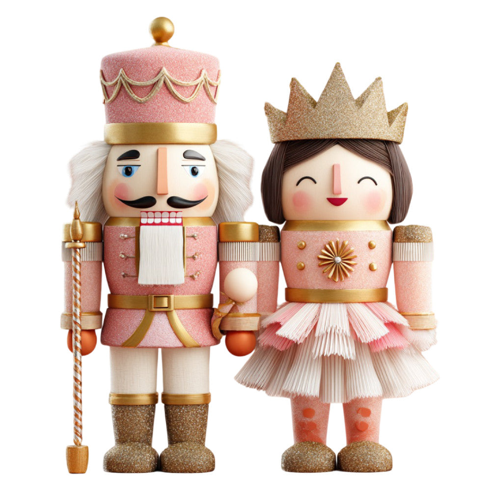 rose pink, blush pink, gold, cream, nutcracker, royal, princess, holiday, christmas, festive, whimsical, vintage, traditional, elegant, children, kids, fairy tale, storybook, decorative, nutcracker soldier, character, portrait, figurative, crowned, regal, winter, classic, nostalgic, charming