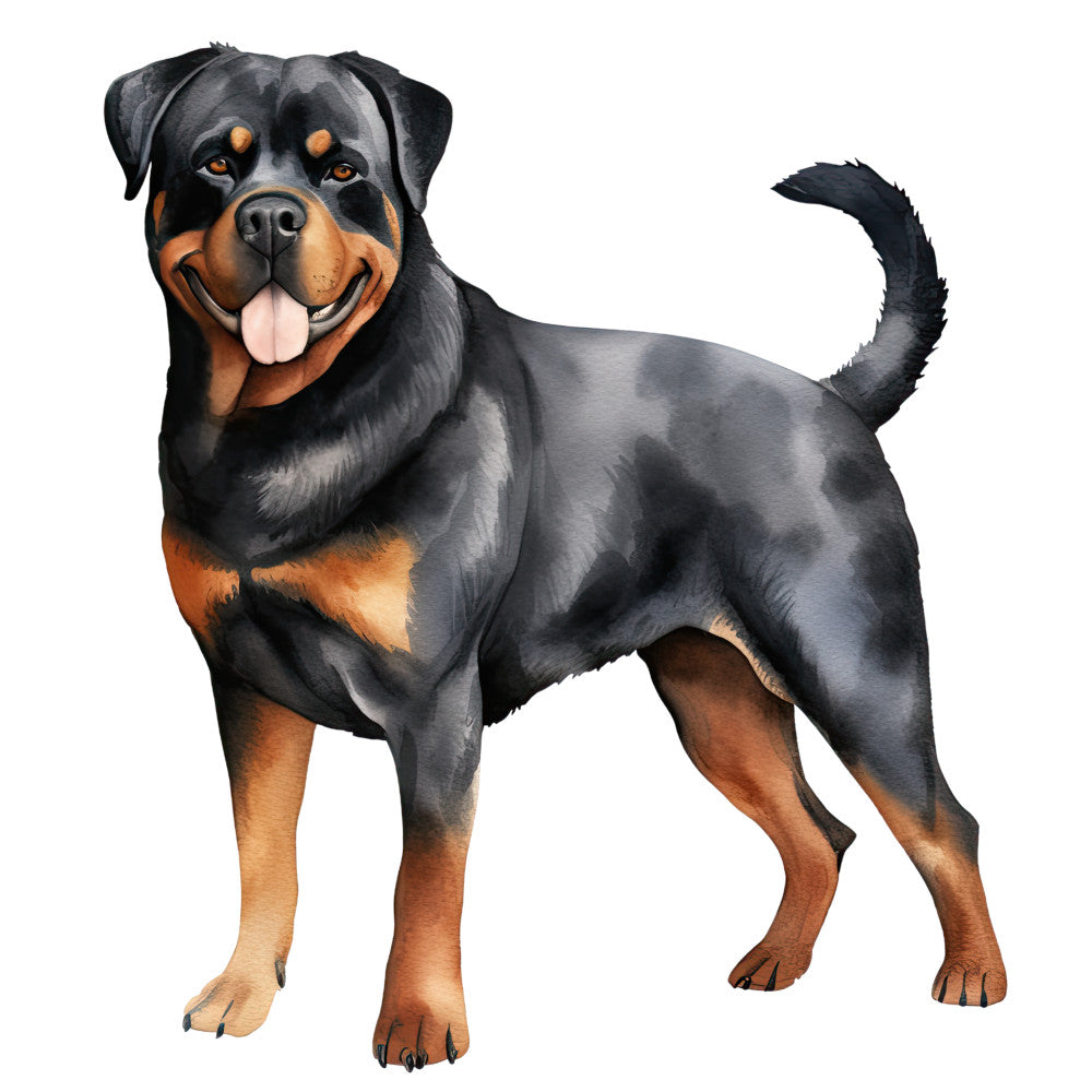 Watercolor Rottweiler Fabric Panel 25 featuring a detailed, vibrant illustration of a happy Rottweiler dog on premium quilting cotton.