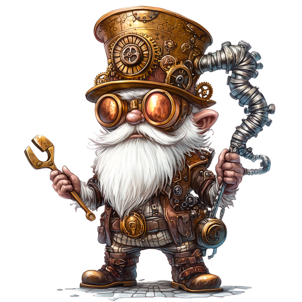 steampunk gnome, brass gears, copper tones, bronze colors, white beard, goggles, top hat, mechanical elements, fantasy character, intricate details, golden accents, fabric panel, quilting cotton, whimsical design, victorian inspired, clockwork motifs, brown leather, metallic finishes, vintage machinery, collectible gnome