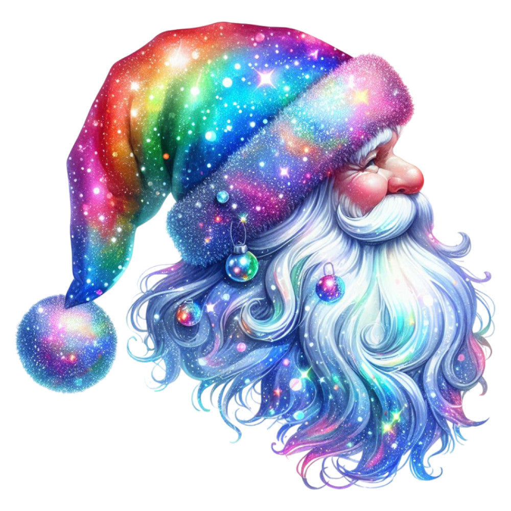 rainbow, galaxy, cosmic, celestial, santa, whimsical, magical, sparkly, glitter, stars, nebula, space, fantasy, dreamy, colorful, multicolor, purple, blue, pink, gold, green, cyan, iridescent, festive, holiday, christmas, night sky, mystical, enchanted, children