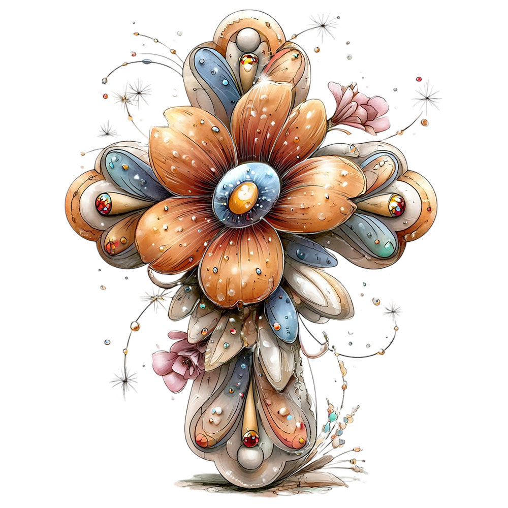cross design, floral motifs, orange petals, blue accents, cream colors, dusty rose, watercolor style, religious symbol, fabric panel, quilting cotton, sparkle effects, layered flowers, soft pastels, christian theme, decorative cross, botanical elements, vintage florals, cotton fabric, crafting panel, spring colors