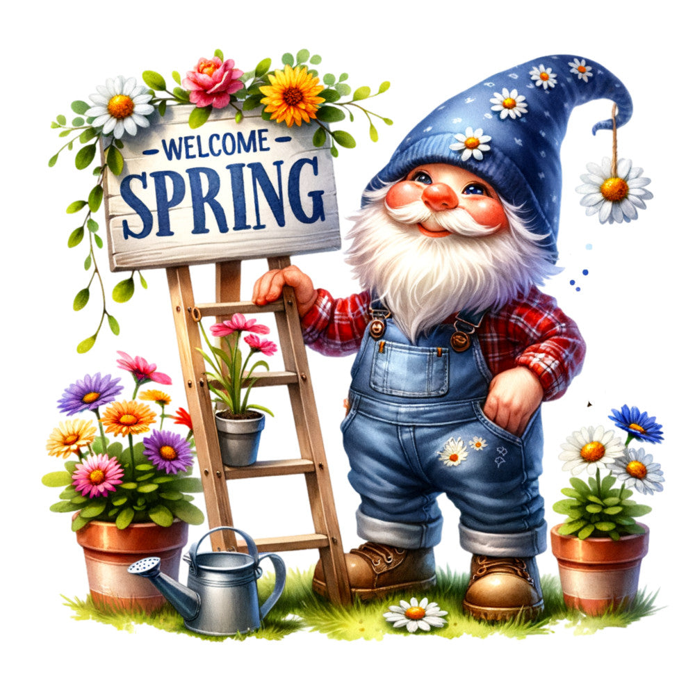 spring gnome, garden gnome, blue hat, red plaid shirt, denim overalls, white beard, colorful flowers, daisies, potted plants, wooden ladder, welcome sign, watering can, fabric panel, quilting cotton, whimsical illustration, gardening theme, floral motifs, cheerful character, cottage core, seasonal design