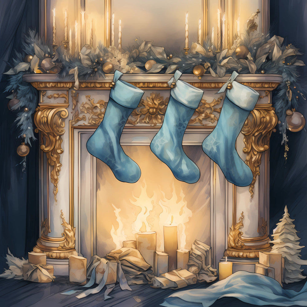 Light Blue and Gold Christmas Fabric Panel 34
