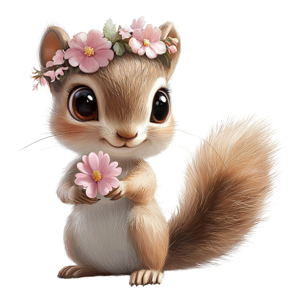 adorable squirrel, pink flowers, floral crown, brown fur, white belly, large eyes, fabric panel, quilting cotton, cute animal, spring theme, pastel pink, botanical elements, children's fabric, kawaii style, woodland creature, flower garland, soft colors, nursery fabric, craft panel, digital print