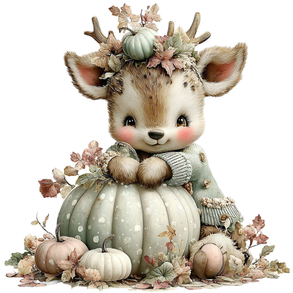 cream deer, sage green, dusty rose, autumn, fall, woodland animals, deer with flowers, whimsical, cute animals, pumpkin, harvest, nature, floral, leaves, botanical, rustic, farmhouse, baby quilt, nursery, children's, soft colors, neutral tones, cottage core, vintage style, forest theme, seasonal, thanksgiving, autumn harvest, animal motifs, decorative panel